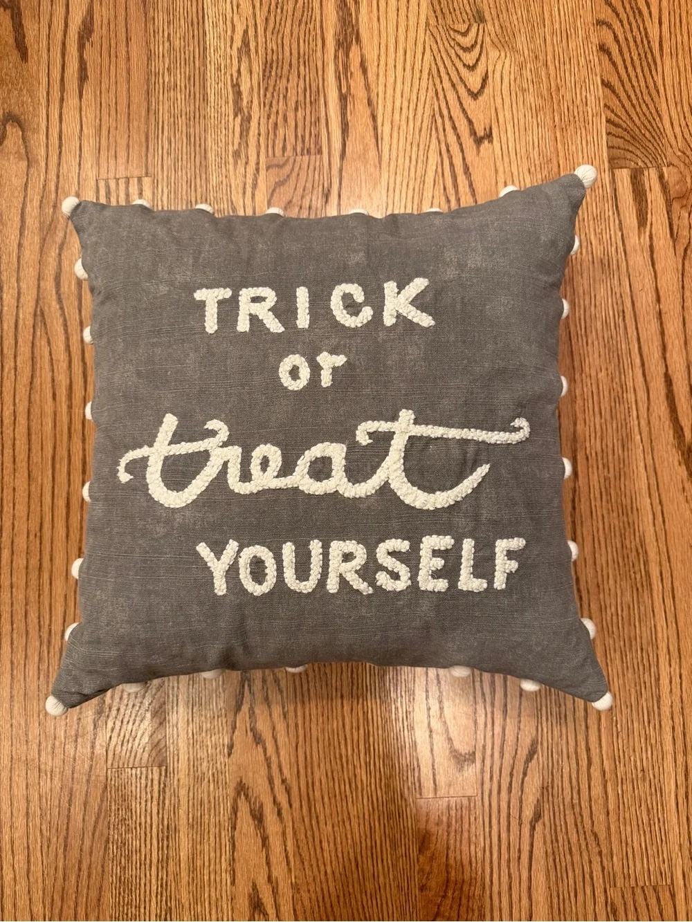 Pottery barn Gray Accent Pillow with 'Trick or Treat Yourself' Chenille Script